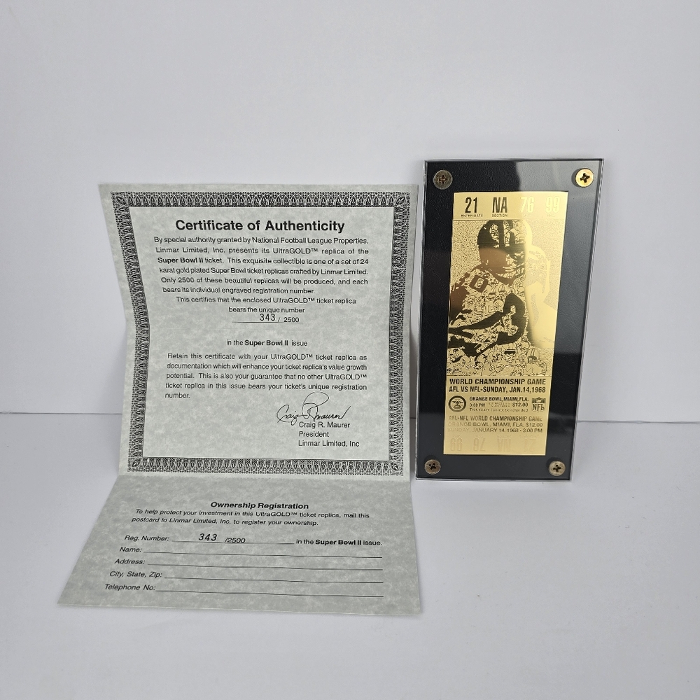 Linmar Limited Super Bowl II 24k Gold Plated Ticket 343/2500